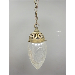  Edwardian tear drop shaped cut glass pendant light fitting with pierced brass mount, H28cm, gilt metal and frosted glass centre light fitting, twin branch cast metal light fitting with opaque frill glass shades and another (4)  