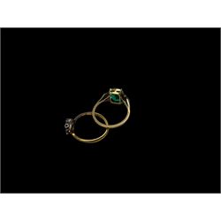 Gold three stone old cut diamond ring, stamped 18ct & Pt and a rose gold green paste stone set ring, stamped 9ct
