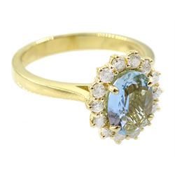 18ct gold oval aquamarine and diamond cluster ring, hallmarked, aquamarine approx 1.00 carat, total diamond weight approx 0.30 carat