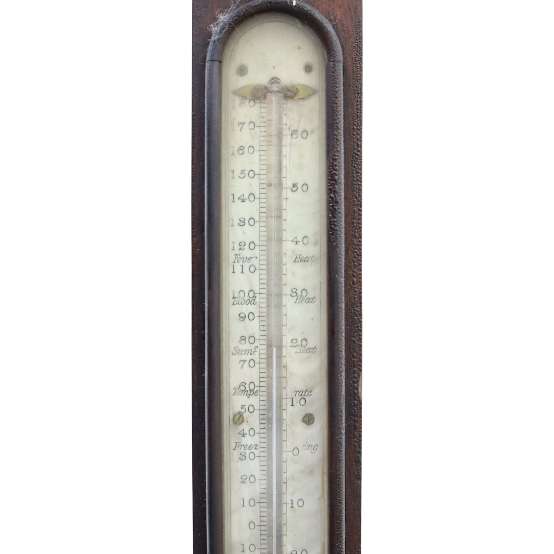 Victorian mahogany mercury stick barometer, the arched glazed register with weather indications and adjustable vernier, above a glazed thermometer and circular cistern cover, H 95cm