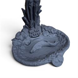 After Coalbrookdale cast iron heron stick stand, ornate detail with fish base, painted in matt black, 20th century