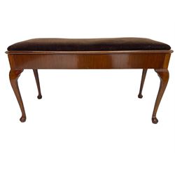 Early 20th century walnut duet piano stool, rectangular hinged lid with upholstered seat, on cabriole supports