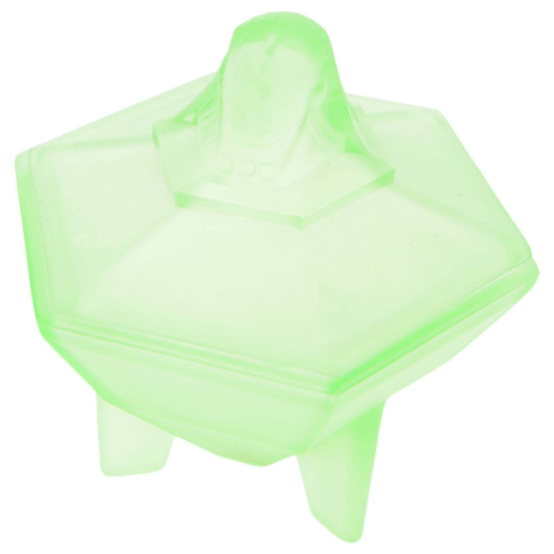 Art Deco uranium glass dressing table jar and cover, of hexagonal form with pharaoh finial, upon three tapering glass legs, H13cm