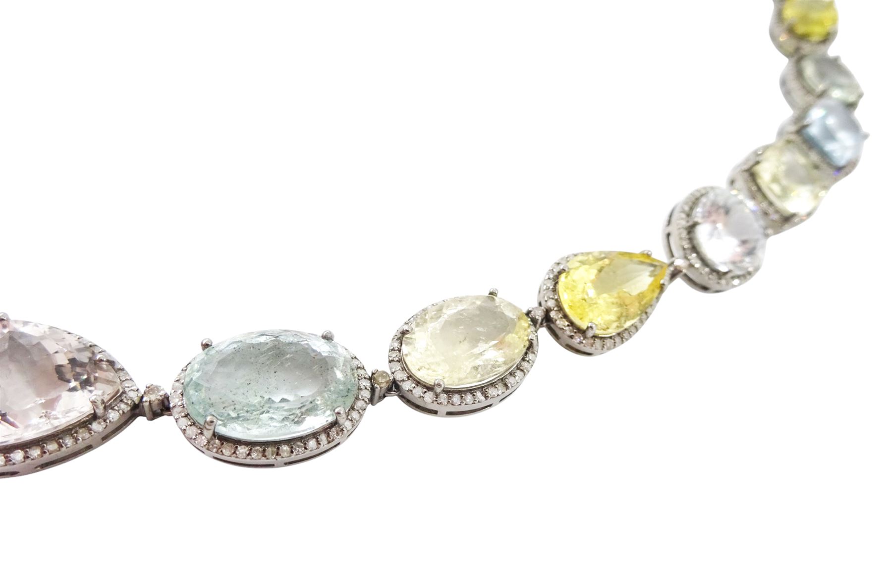 Multi gemstone set necklace, including aquamarine, morganite, heliodor and beryls, each with round brilliant cut diamond surround, with pair of similar pendant stud earrings, total gemstone weight approx 119.65 carat,  diamond weight approx 6.30 carat