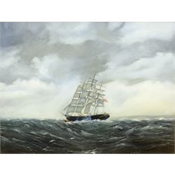 K Kirby (20th century): 'Mighty Sea', oil on board signed, titled verso 49cm x 65cm; C Alexis (20th century): Sailing Barge Becalmed, oil on canvas signed 50cm x 60cm (2)