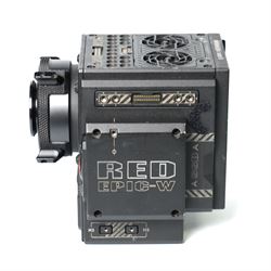 RED Epic-W Helium 8K camera body serial no. 13024E6A9, with RED EVF, three RED Mini Mag 512GB cards, one 480 Mini Mag card and reader, two RED V-Mount batteries and charger, RED top handle, Wooden Camera Easy Top top plate and one other top plate, various accessory cables, Wooden Camera bridge plate for 19mm studio rods, 12 inch Wooden Camera Dovetail plate and four 19mm studio rods to include two 380mm and two 610mm, with original Epic-W camera box and contained within a custom cut flight case