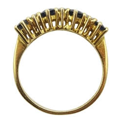 18ct gold four stone oval sapphire and six stone diamond ring, London 1981