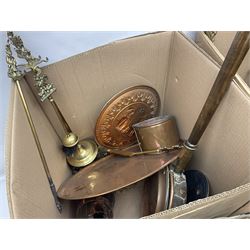 Copper and brass items, including fire tools, kettle, warming pan, tray, chargers, jug etc