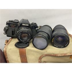 Cameras and accessories, to include Olympus OM101 Power Focus camera body, serial no 1076067, with 'Sigma AF Zoom 1:38, f=75 200mm' lens, serial no 2053714, Canon EOS 5000 camera body, serial no 1507812, with 'Canon Zoom EF 80-200mm, 1:4.5-5.6' lens, other cameras, by Miranda, Coronet and Ricoh and a collection of lenses, carry cases, etc 