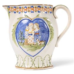 18th century South Yorkshire prattware jug, moulded in relief a band of stylised leaves,  ...