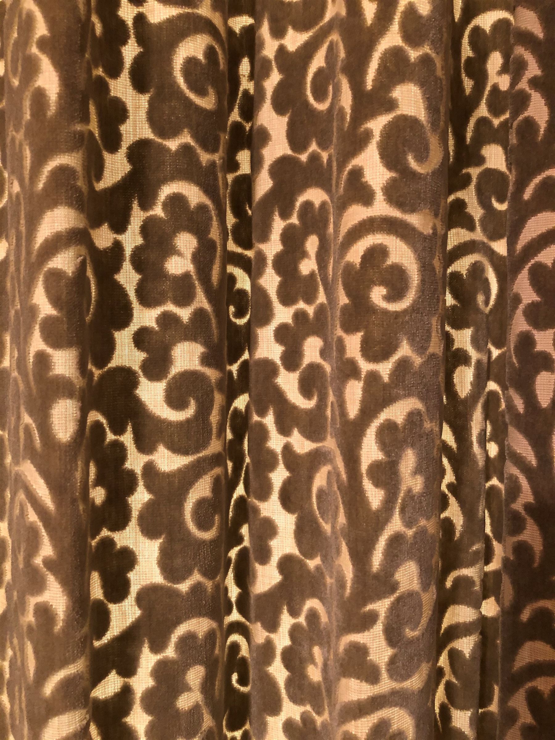 Pair heavy quality lined curtains in silver green embossed cut velvet, each curtain 324cm x 246cm drop, with matching pleated pelmet L320cm and pair of rope twist tasselled tie backs
