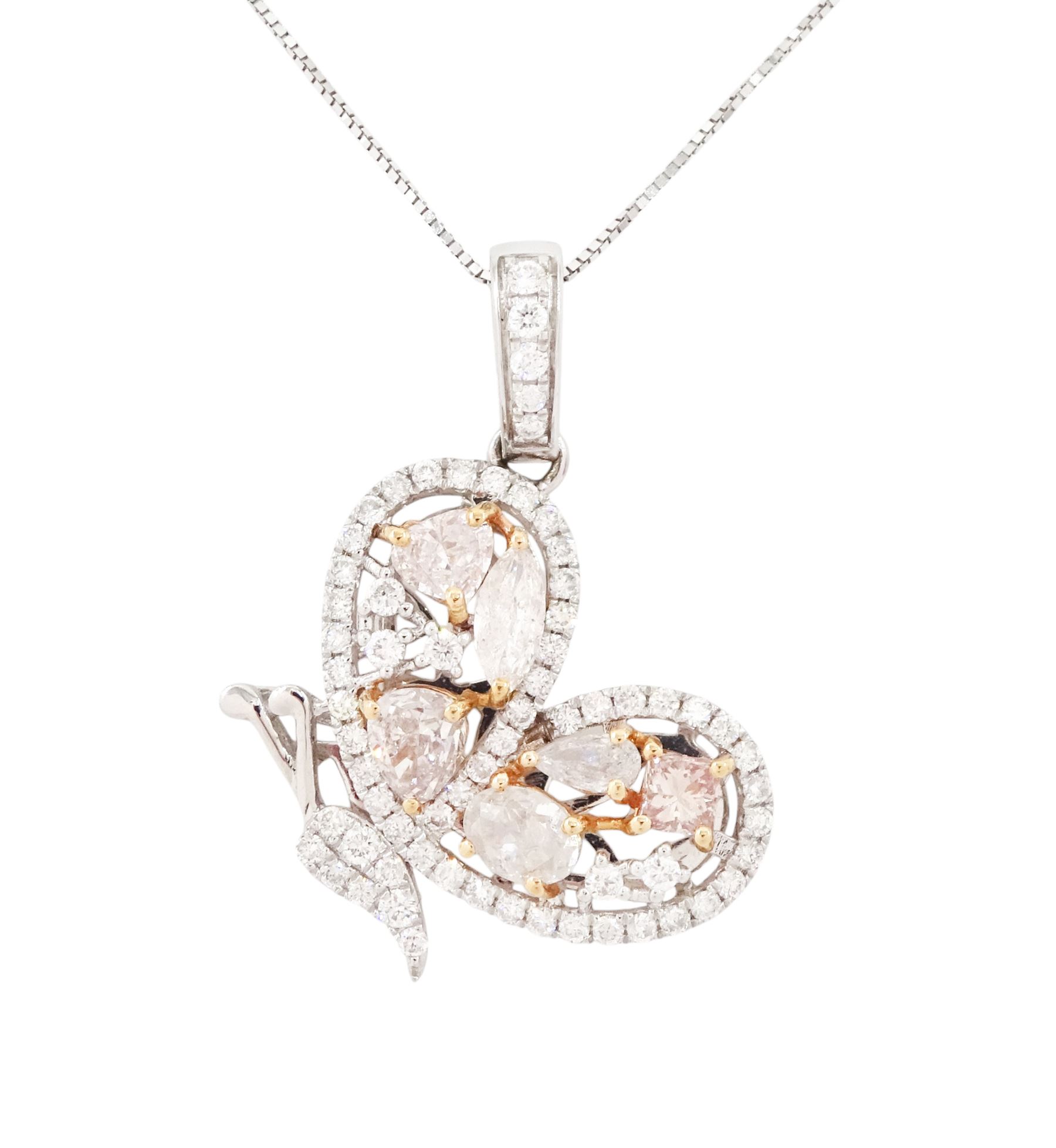 18ct white and rose gold diamond butterfly pendant necklace, the pendant set with vari-cut light pinkish brown diamonds and round brilliant cut white diamonds, total diamond weight 1.84 carat, with World Gemological Institute report