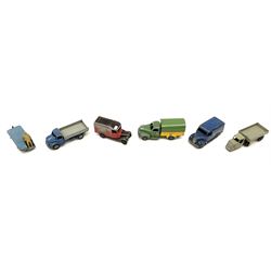 Dinky - six unboxed and playworn early die-cast commercial vehicles including French made Studebaker M16 covered wagon, Trojan Oxo van, B.E.V. Truck, Dodge Tipper, Royal Mail Van etc (6)