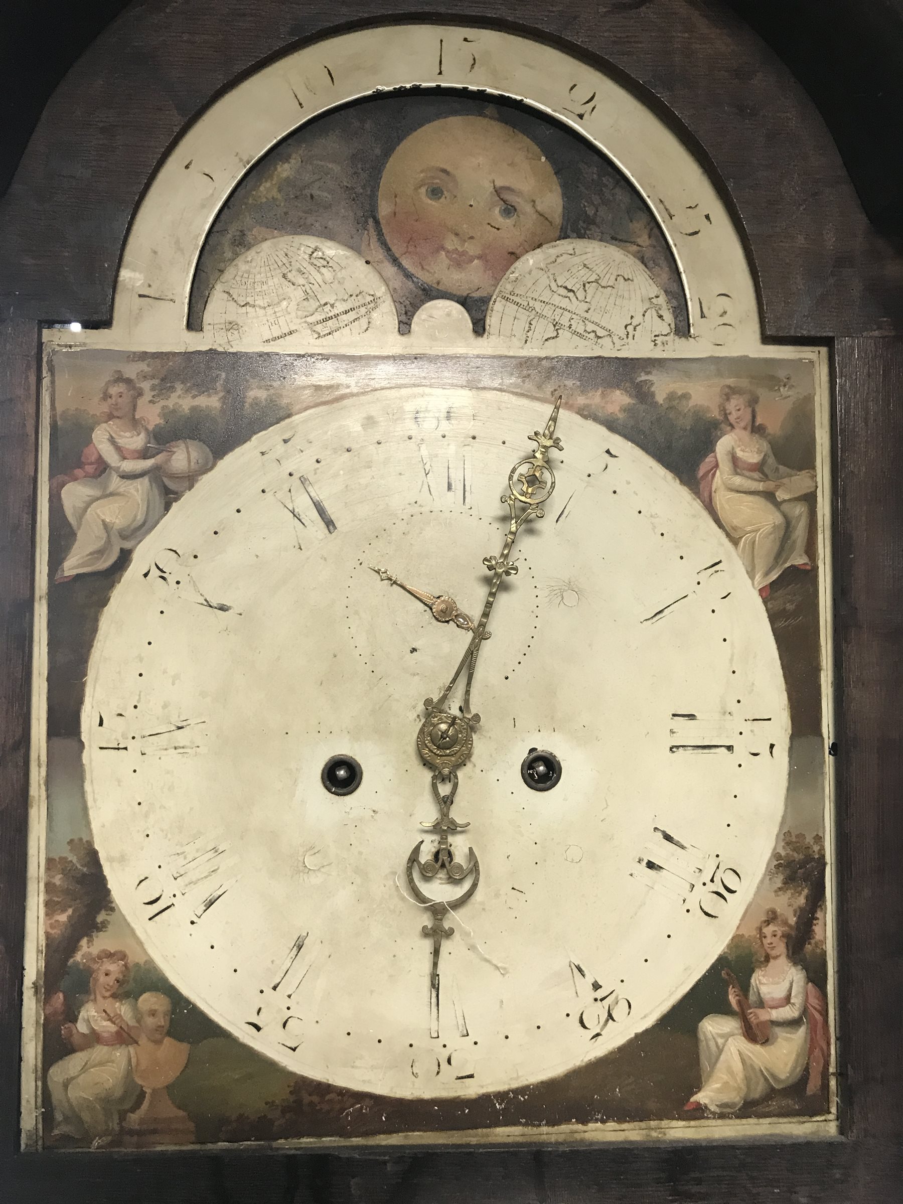 19th century oak and mahogany longcase clock, hood with scrolled