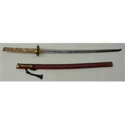  Replica Japanese Katana, 71cm curved blade with etched decoration, Tsuba cast with prunus, handle moulded with Samuri, in red scabbard with small knife, L102cm   