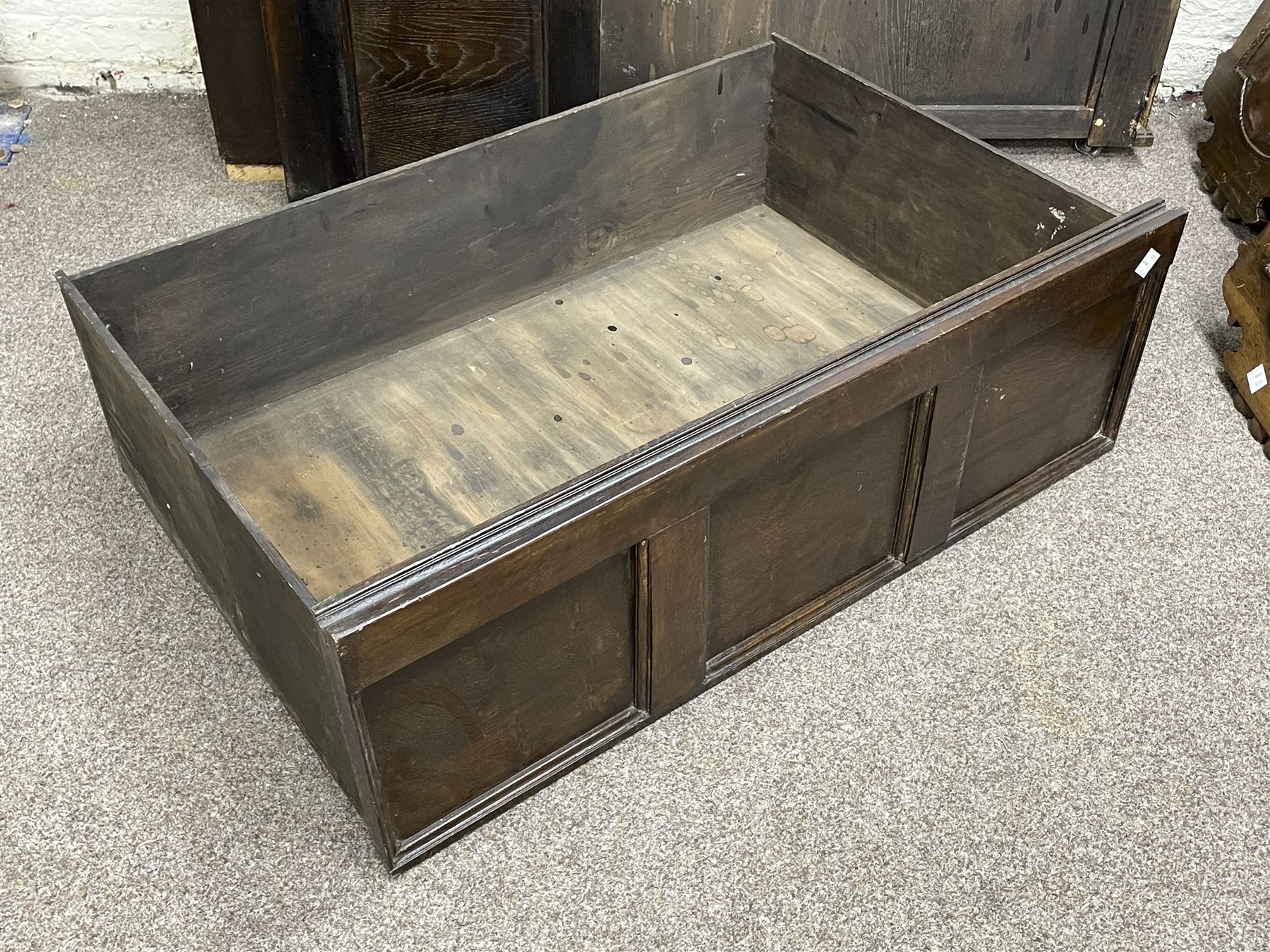 17th century style oak 4' four poster bed, high panelled back with projecting canopy cornice and panelled roof, turned posts with panelled front