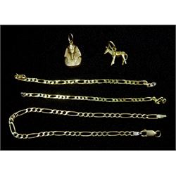 19ct gold Pharaoh charm/pendant, 12ct gold donkey charm and 9ct gold links, all tested 