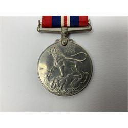 WW1 group of three medals comprising British War Medal, Victory Medal and 1914 Star awarded to 8328 Pte. G. Shaw Yorks: L.I.; on hanging bar with WW2 1939-1945 War Medal and WW1 ribbon bar with rosette to 1914 Star ; all with ribbons; and WW2 1939-1945 War Medal with ribbon