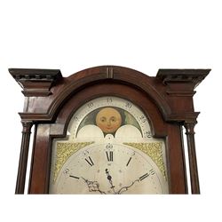 William Vale of Finsbury (London) - late 18th century 8-day mahogany longcase clock, flat topped break-front hood with a break-arch hood door, detached reeded pilasters with wooden capitals, trunk with a blind fret, stopped reeded quarter columns and a long wavy topped door, on a square plinth with canted corners and bracket feet, engraved silver sheet dial with cast brass spandrels, matching steel hands and rolling moon to the arch, with an engraved seconds dial, Roman numerals, five minute Arabics, minute markers and matching steel hands, three train, quarter chiming  movement on six bells with a recoil anchor escapement. With pendulum and weights.

This item has been registered for sale under Section 10 of the APHA Ivory Act