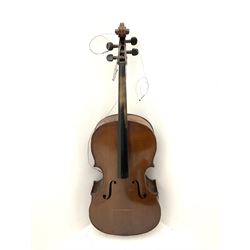 German Saxony three-quarter size cello for restoration, c1920, with 69cm two-piece maple back and ribs and two-piece spruce top, L111cm overall; with bow and canvas carrying case