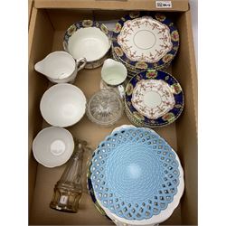 Group of assorted ceramics and glass, to include Wedgwood Jasperware spill vase, Royal Doulton Porthos character mug, Sowerby blue milk glass basket weave plate, various teawares, and other decorative ceramics, in three boxes