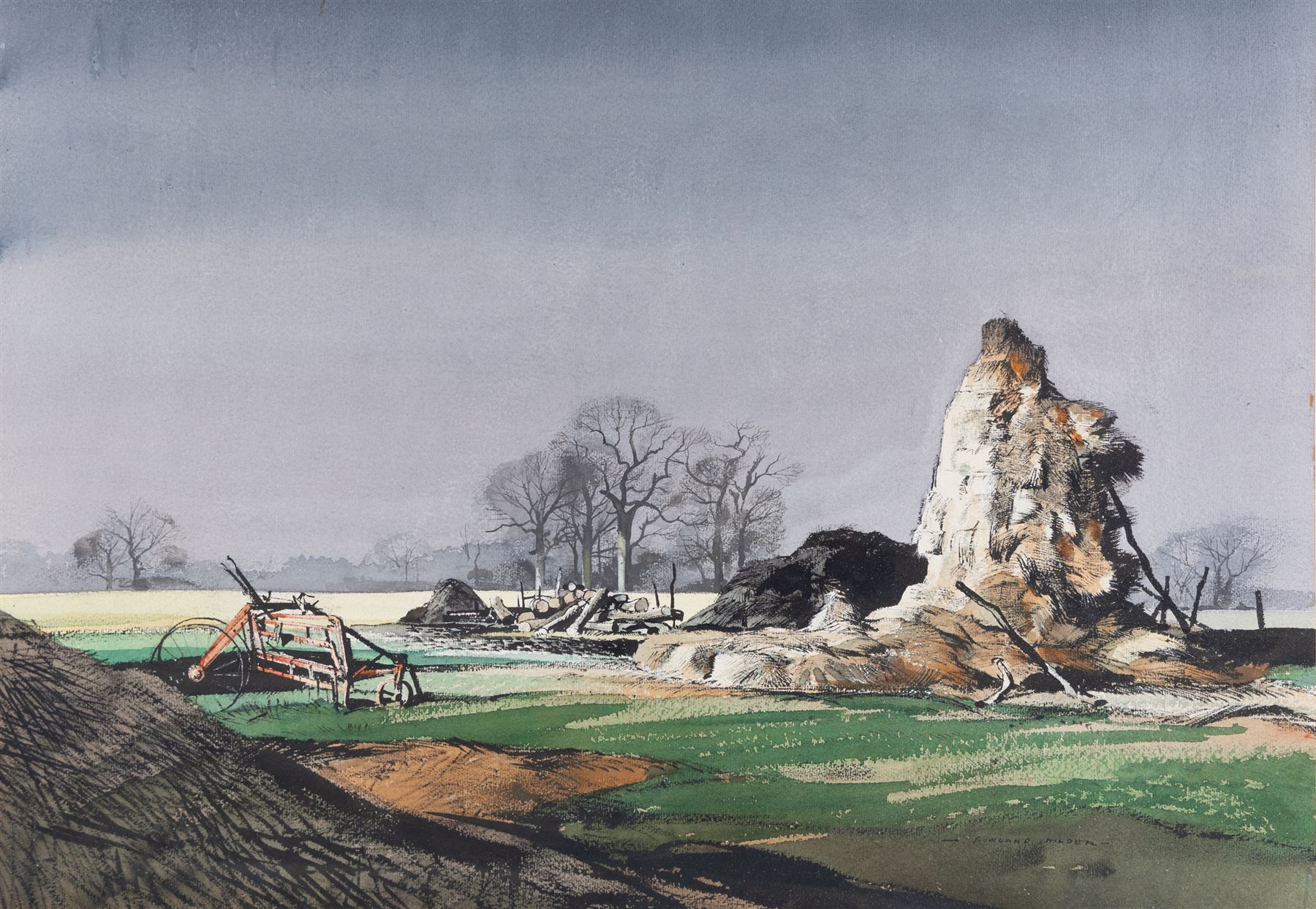 Rowland Frederick Hilder OBE (British 1905-1993): 'Winter Evening', watercolour and ink signed, titled on exhibition label verso, with James Bourlet label, 48cm x 69cm 
Provenance: exh. Royal Institute of Painters in Water Colours, label verso