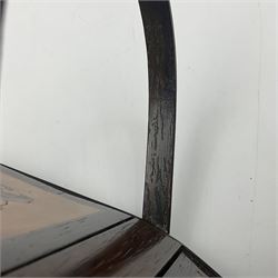 19th century rosewood Tunbridge Ware basket, of rectangular form with curved bentwood handle, and twin hinged sloping covers, lifting to reveal paper lined interiors, not including handle H5.5cm D10.5cm L18cm