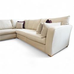 Barker & Stonehouse - large corner sofa, upholstered in natural pumice fabric, with contrasting scatter cushions 