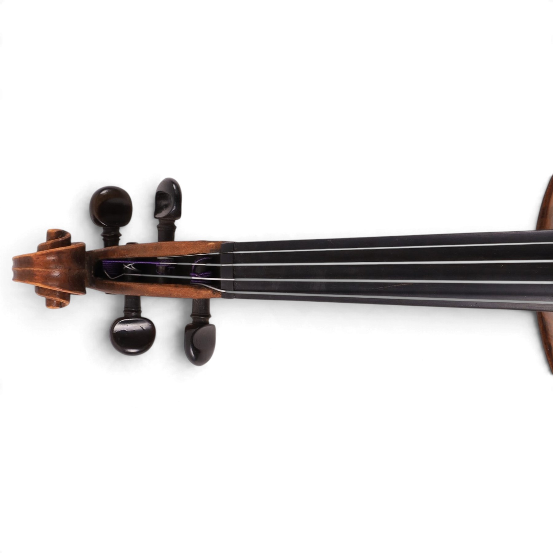 20th century French violin, with two piece back, ebonised fretboard and tuners, L60cm, with fitted hard case