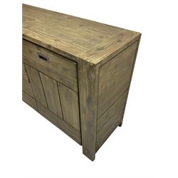 Contemporary hardwood sideboard, fitted with four drawers flanked by two cupboards, each with recessed metal handles