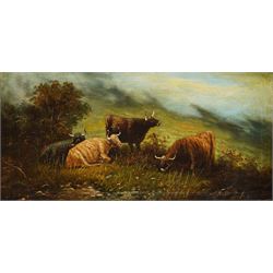 English School (Early 20th century): Naive Highland Cattle, oil on canvas indistinctly sig...
