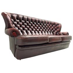 Wade - Georgian design three-seat sofa, high curved back over scrolled arms, upholstered in deep buttoned oxblood 'Pegasus' leather, on castors