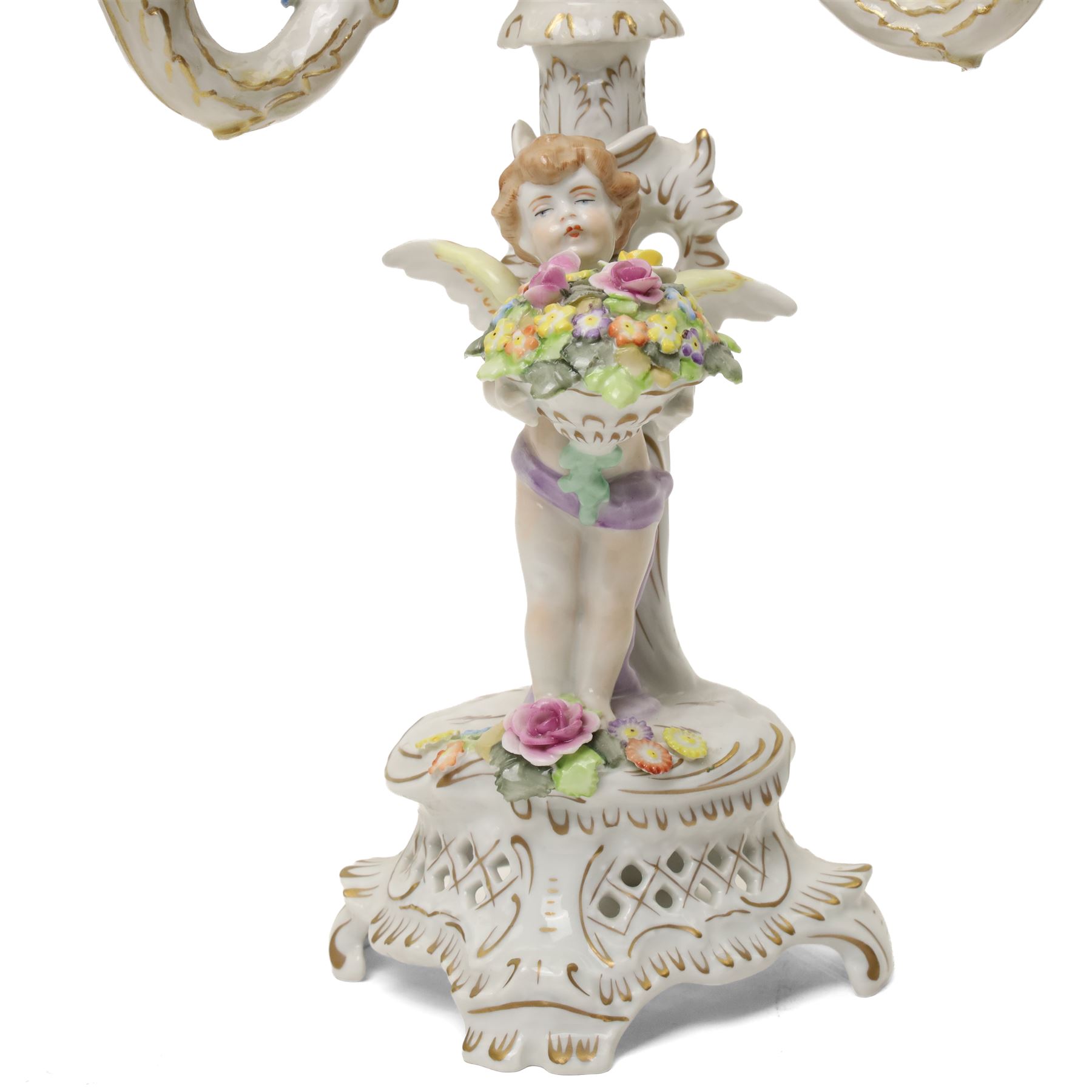 Pair of German porcelain three branch candelabra, the based modelled with putti holding flowers, printed blue mark to base, H35cm (2)