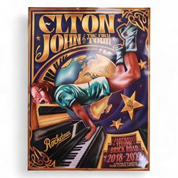 Elton John Farewell Yellow Brick Road tour merchandise, comprising programme, tote bag and VIP giftset with lanyard, wallet, luggage tag and keyring, in white box with gilt lettering, together with two limited edition Farewell Yellow Brick Road lithographs