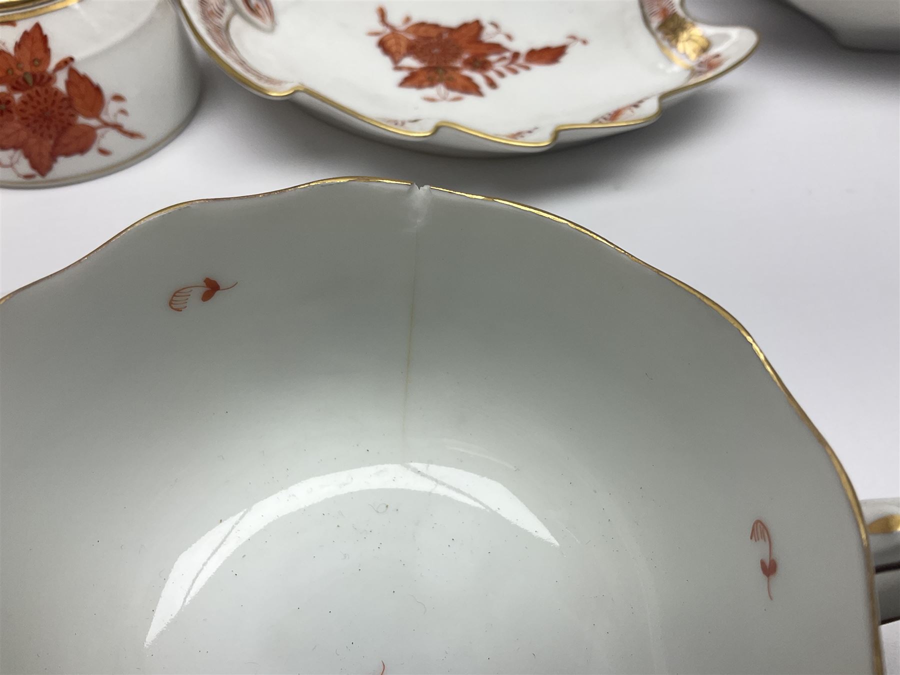 Herend Chinese Bouquet Rose pattern tea service comprising teapot, coffee pot, open sucrier, six cups and saucers, six tea plates, cream jug and stand, milk jug, two teabag holders, preserve pot, two leaf shaped dishes, four egg cups, salt & pepper pots, pair side plates and another plate