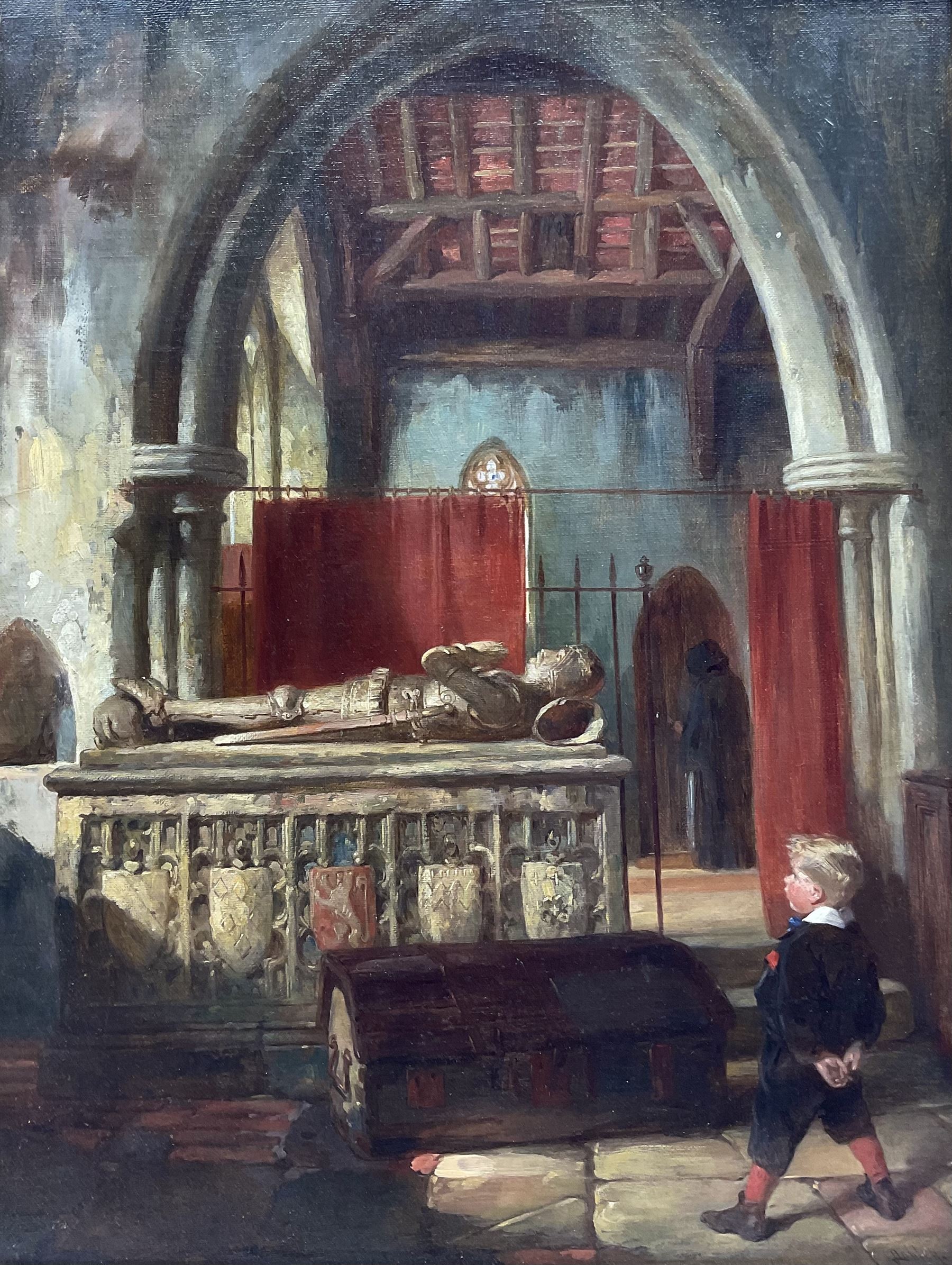 James Lobley (British 1828-1888): Boy Stood Before the Tomb of a Knight, oil on canvas board signed 42cm x 32cm 