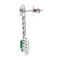 18ct white gold milgrain set octagonal cut emerald and round brilliant cut diamond pendant stud earrings, with World Gemological Institute report