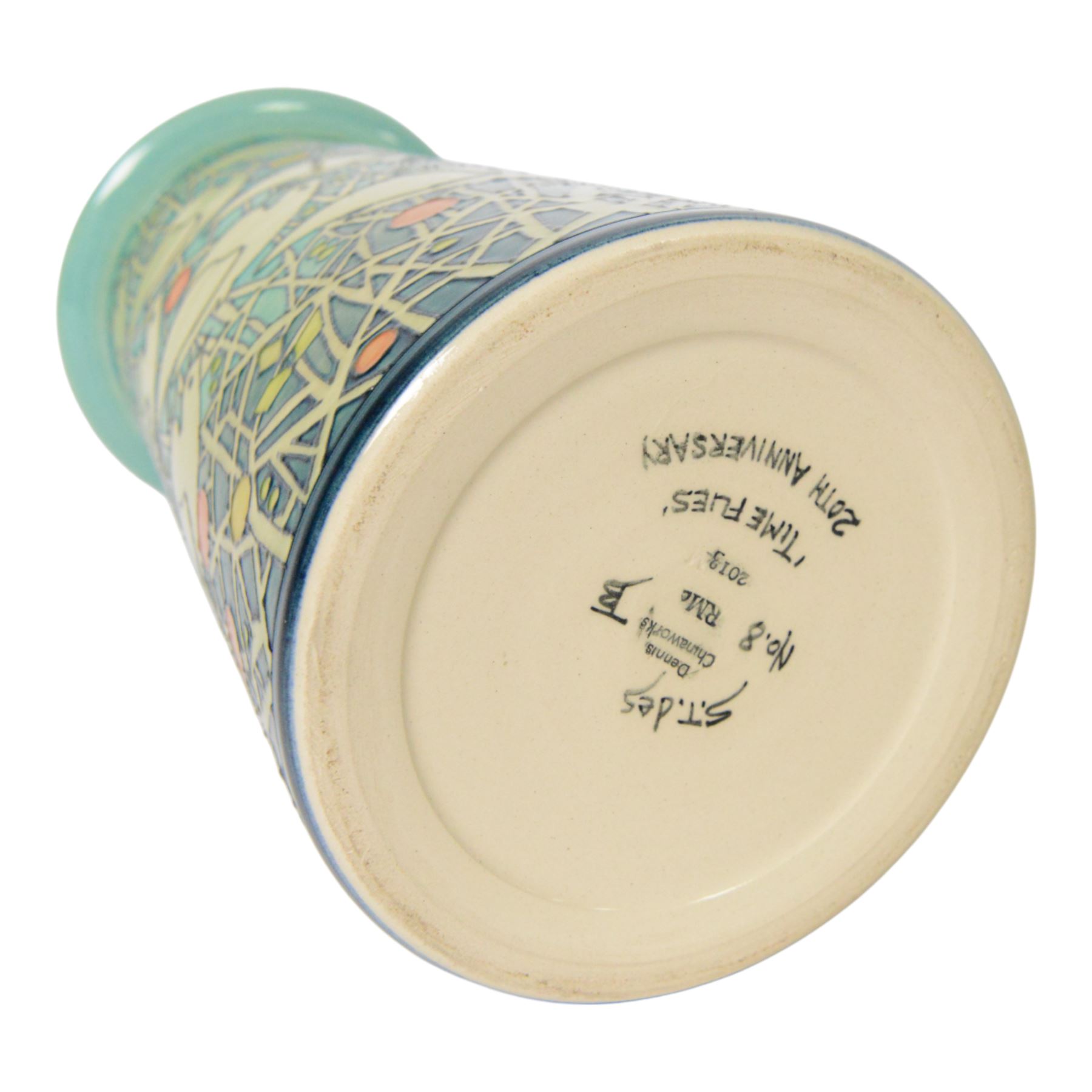 Dennis Chinaworks 'Time Flies' 20th Anniversary vase, designed by Sally Tuffin dated 2013 and numbered 8, of tapering cylindrical form with flared rim, decorated with doves upon a tube lined blue/green ground, with impressed and painted marks beneath, H24cm