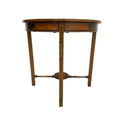 Edwardian Sheraton design satinwood occasional table, circular top with painted floral banding, the frieze with painted lacquered panels of traditional Chinese pagoda scenes, raised on square supports united by turned X-stretcher united by central circular platform