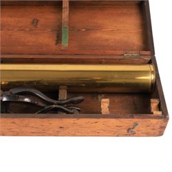 19th century lacquered brass refracting telescope by Bateman & Branches, 104 Strand London, upon a folding tripod with four eyepieces and within a wooden case, telescope L