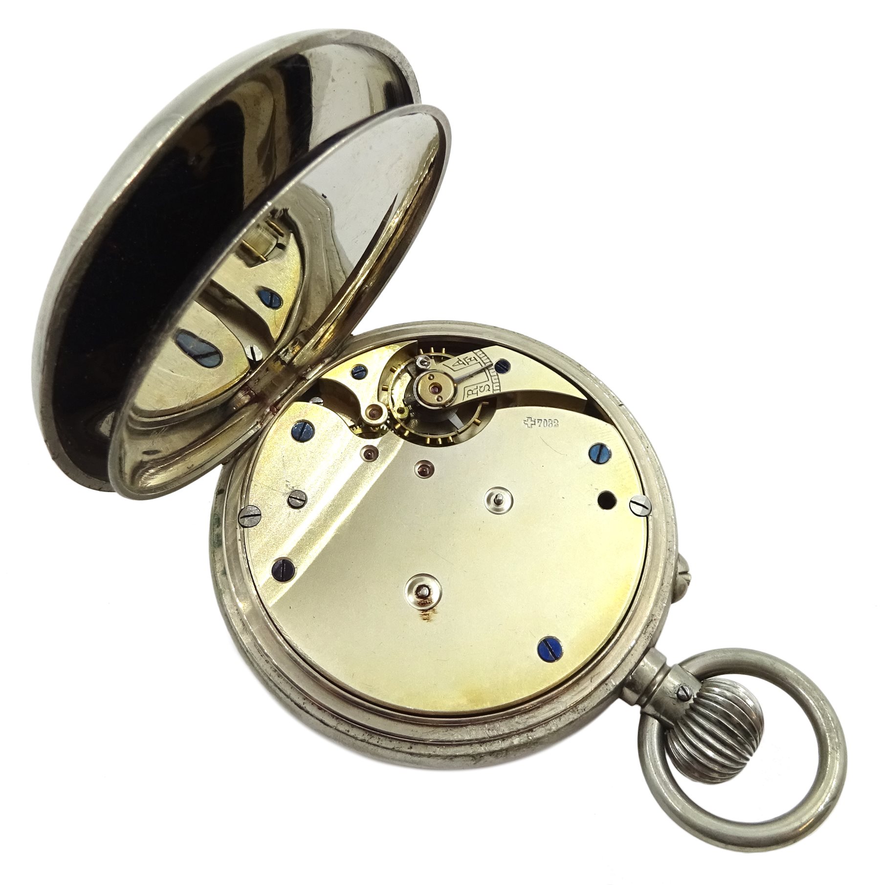 Swiss Goliath nickle cased pocket watch, movement stamped 7032, retailed by Hamilton & Inches, Edinburgh, with crocodile effect leather fitted case also by Hamilton & Inches 