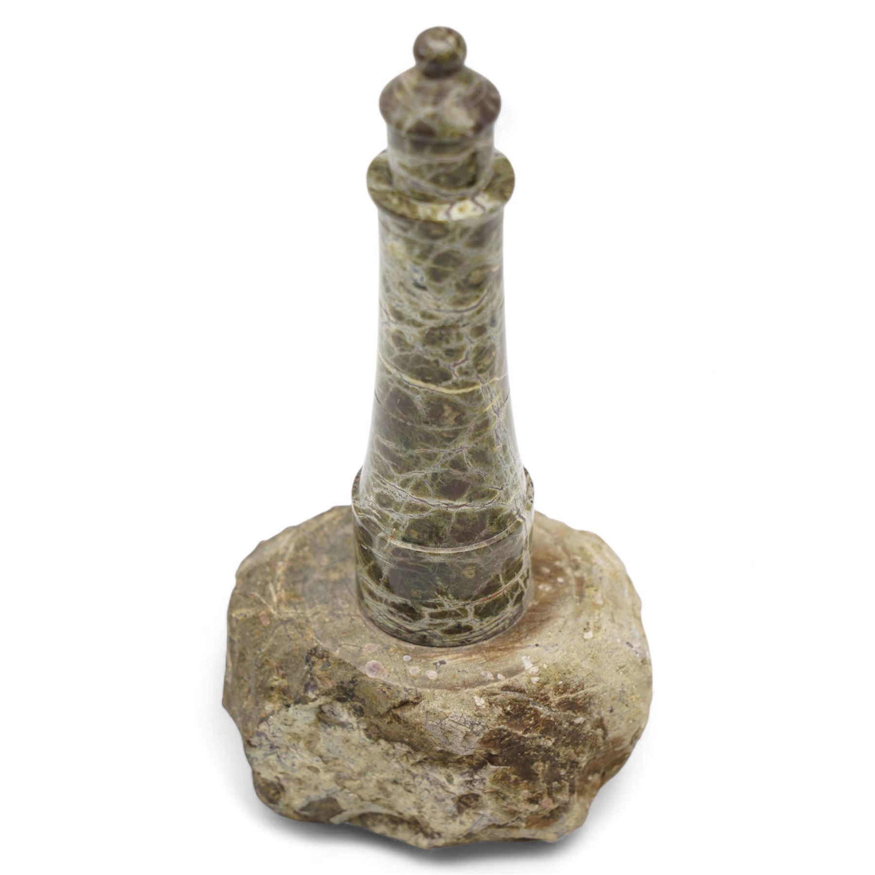 Three 18th century pewter serving spoons, with crown and London touch marks L22.5cm; Liberty & Co. Tudric Pewter sugar bowl; pewter salt and spoon; Cornish serpentine lighthouse; Vienna ceramic jug and Art Deco strainer (8)