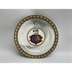 Early 19th century Barr, Flight and Barr Worcester plate, the centre painted with the Warren impaling Mangles coat of arms, within a grey marble effect surround and gilt border to edge, with impressed and painted marks beneath, D23.5cm

