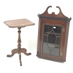  Small Edwardian inlaid mahogany corner cabinet, H97cm W60cm, and a Victorian tripod table with rectangular mahogany top, W45cm H68cm (2)  