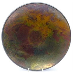  Andrew Hill (British 1964-): Raku fired circular dish, with mottled burr style glaze in copper and other earth tones, signed AH, D33cm   