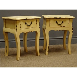  Pair small French style lamp stands, distressed painted, with single drawers, W35cm, H45cm  