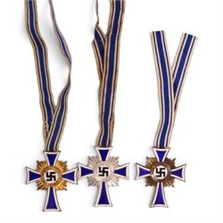 WWII German Third Reich three Mothers Cross, in gold, silver and bronze 
