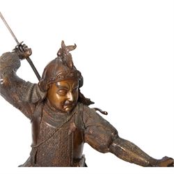 Japanese bronze of a Samurai, possibly Meiji period, standing holding spear, on a wave form base, H72cm