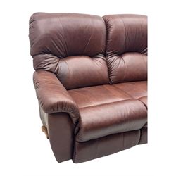 La-Z-Boy - manual reclining three piece suite - two seater sofa (W165cm, H105cm); and two armchairs (W98cm), upholstered in brown leatherette