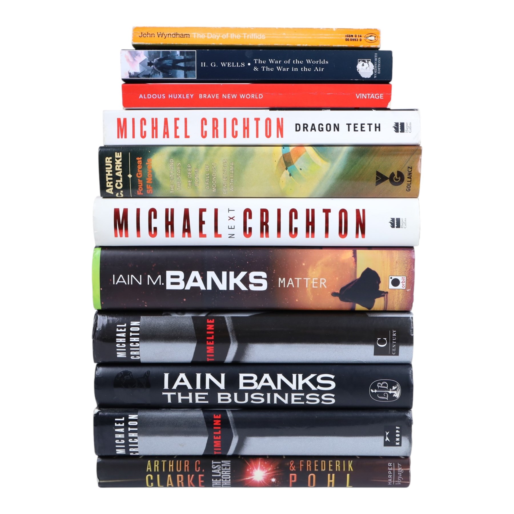 Collection of Sci-fi novels, to include Aldous Huxley 'Brave New World' paperback, Michael Crichton 'Timeline' first edition hardback, and Ian M Banks 'Matter' first edition hardback